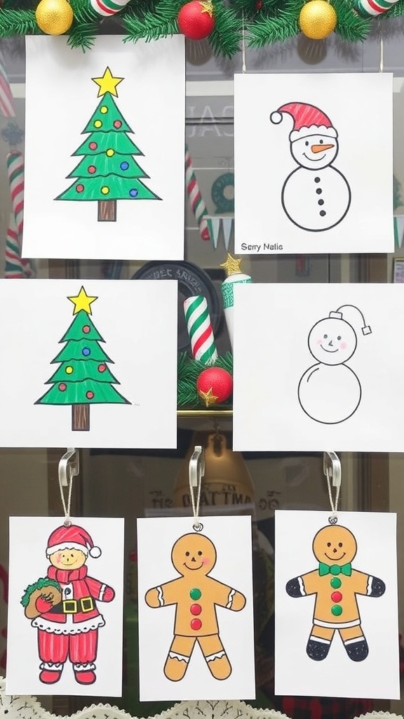 Simple Christmas drawings featuring a tree, snowman, Santa, ornament, and gingerbread man.